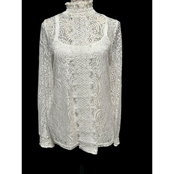 Cable & Gauge Lace Long Sleeve Keyhole Back High Neck Stretch Sz Med Romantic - Picture 1 of 13